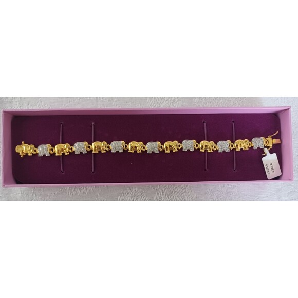 ELEPHANT MOTIF GOLD ELECTROPLATE RHINESTONE 8" BRACELET W/BOX AND TAG - Picture 2 of 13